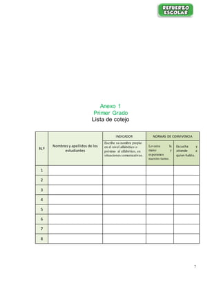 7
Anexo 1
Primer Grado
Lista de cotejo
N.º
Nombres y apellidos de los
estudiantes
INDICADOR NORMAS DE CONVIVENCIA
Escribe su nombre propio
en el nivel alfabético o
próximo al alfabético, en
situaciones comunicativas.
Levanta la
mano y
esperamos
nuestro turno.
Escucha y
atiende a
quien habla.
1
2
3
4
5
6
7
8
 
