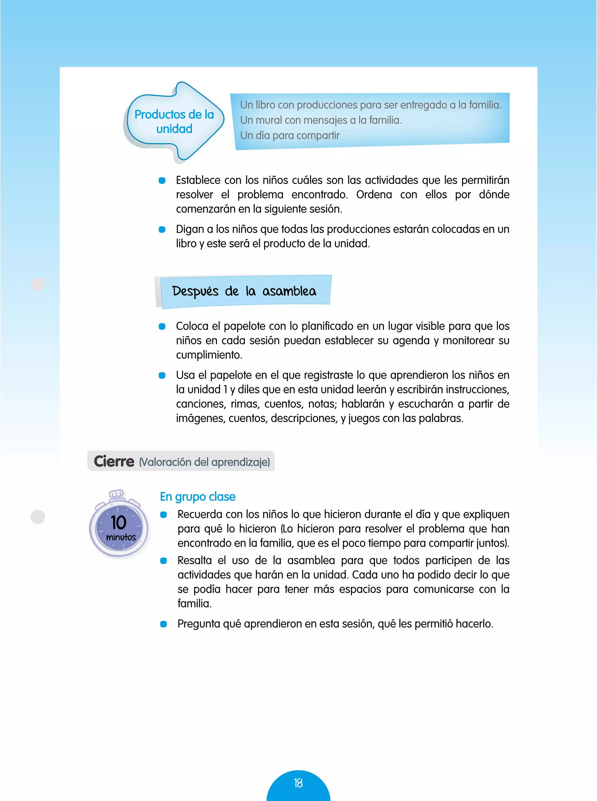 18
En grupo clase
	 Recuerda con los niños lo que hicieron durante el día y que expliquen
para qué lo hicieron (Lo hicieron para resolver el problema que han
encontrado en la familia, que es el poco tiempo para compartir juntos).
	 Resalta el uso de la asamblea para que todos participen de las
actividades que harán en la unidad. Cada uno ha podido decir lo que
se podía hacer para tener más espacios para comunicarse con la
familia.
	 Pregunta qué aprendieron en esta sesión, qué les permitió hacerlo.
Cierre (Valoración del aprendizaje)
10
minutos
	 Establece con los niños cuáles son las actividades que les permitirán
resolver el problema encontrado. Ordena con ellos por dónde
comenzarán en la siguiente sesión.
	 Digan a los niños que todas las producciones estarán colocadas en un
libro y este será el producto de la unidad.
Después de la asamblea
	 Coloca el papelote con lo planificado en un lugar visible para que los
niños en cada sesión puedan establecer su agenda y monitorear su
cumplimiento.
	 Usa el papelote en el que registraste lo que aprendieron los niños en
la unidad 1 y diles que en esta unidad leerán y escribirán instrucciones,
canciones, rimas, cuentos, notas; hablarán y escucharán a partir de
imágenes, cuentos, descripciones, y juegos con las palabras.
Productos de la
unidad
Un libro con producciones para ser entregado a la familia.
Un mural con mensajes a la familia.
Un día para compartir
 