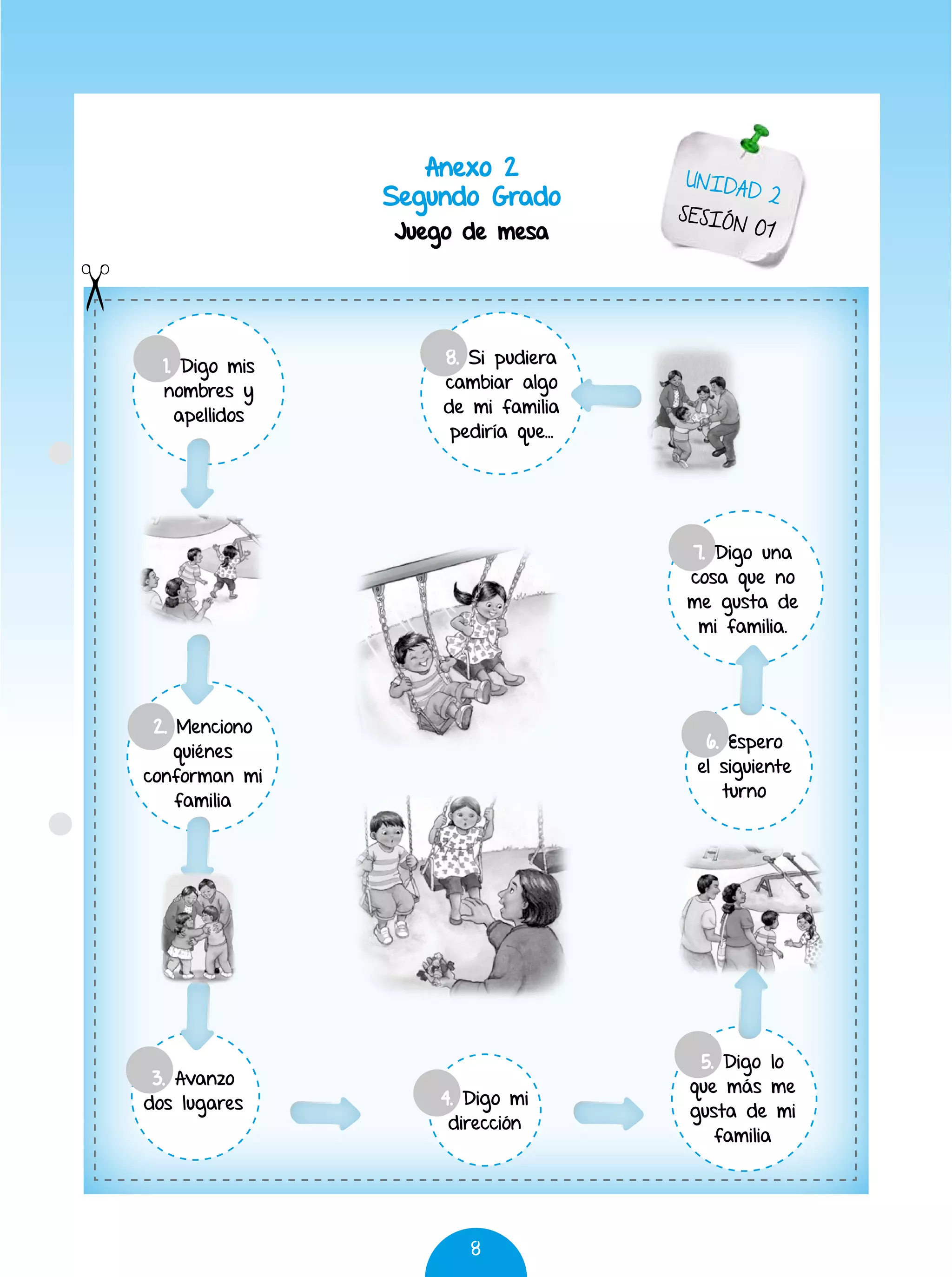 8
Anexo 2
Segundo Grado
Juego de mesa
UNIDAD 2
SESIÓN 01
1. Digo mis
nombres y
apellidos
2. Menciono
quiénes
conforman mi
familia
3. Avanzo
dos lugares 4. Digo mi
dirección
5. Digo lo
que más me
gusta de mi
familia
6. Espero
el siguiente
turno
8. Si pudiera
cambiar algo
de mi familia
pediría que…
7. Digo una
cosa que no
me gusta de
mi familia.
 