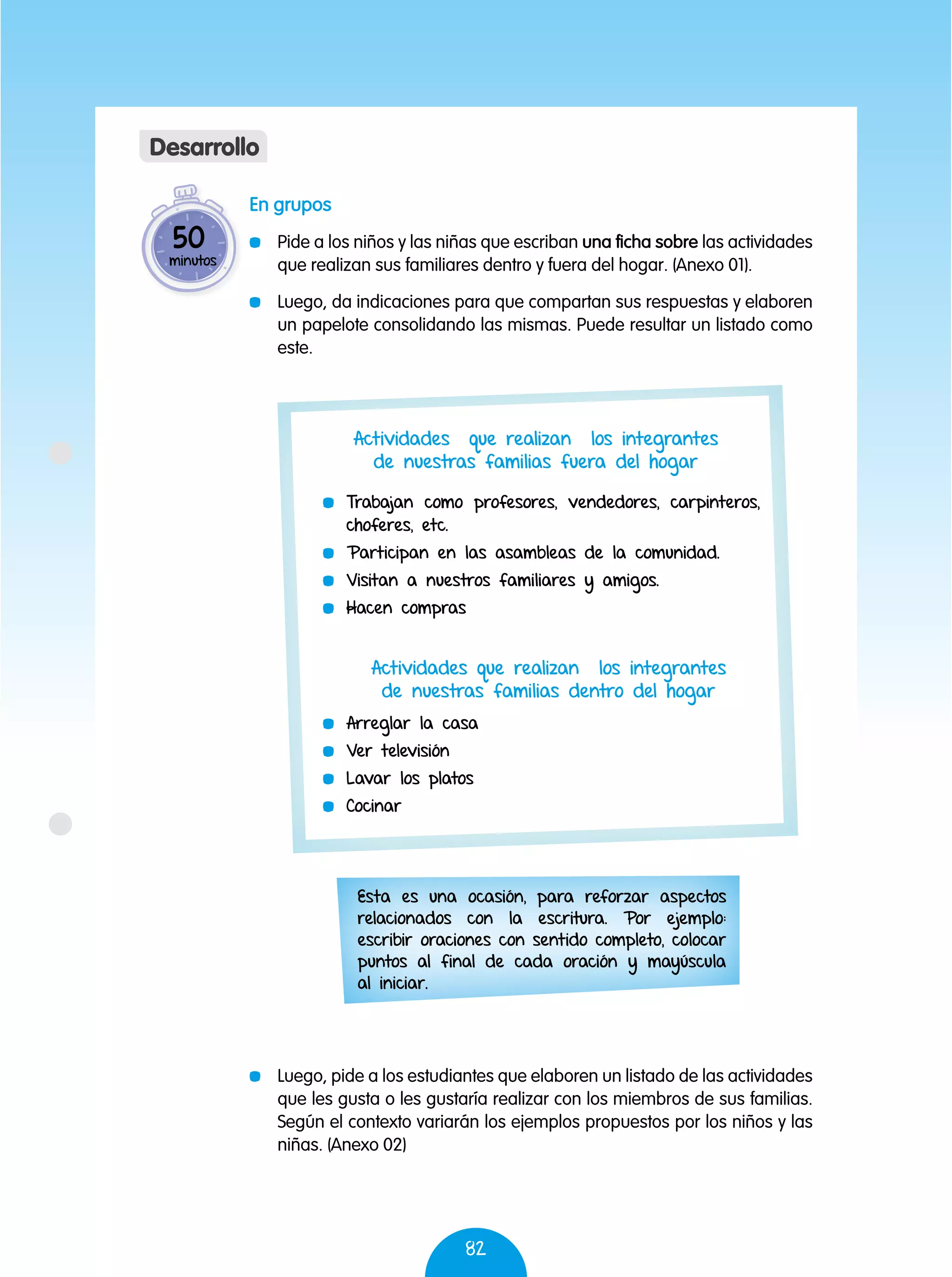 82
En grupos
	 Pide a los niños y las niñas que escriban una ficha sobre las actividades
que realizan sus familiares dentro y fuera del hogar. (Anexo 01).
	 Luego, da indicaciones para que compartan sus respuestas y elaboren
un papelote consolidando las mismas. Puede resultar un listado como
este.
	 Luego, pide a los estudiantes que elaboren un listado de las actividades
que les gusta o les gustaría realizar con los miembros de sus familias.
Según el contexto variarán los ejemplos propuestos por los niños y las
niñas. (Anexo 02)
50
minutos
Desarrollo
	 Trabajan como profesores, vendedores, carpinteros,
choferes, etc.
	 Participan en las asambleas de la comunidad.
	 Visitan a nuestros familiares y amigos.
	 Hacen compras
	 Arreglar la casa
	 Ver televisión
	 Lavar los platos
	Cocinar
Actividades que realizan los integrantes
de nuestras familias fuera del hogar
Actividades que realizan los integrantes
de nuestras familias dentro del hogar
Esta es una ocasión, para reforzar aspectos
relacionados con la escritura. Por ejemplo:
escribir oraciones con sentido completo, colocar
puntos al final de cada oración y mayúscula
al iniciar.
 