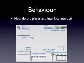 Behaviour
• How do the player and interface interact?
 