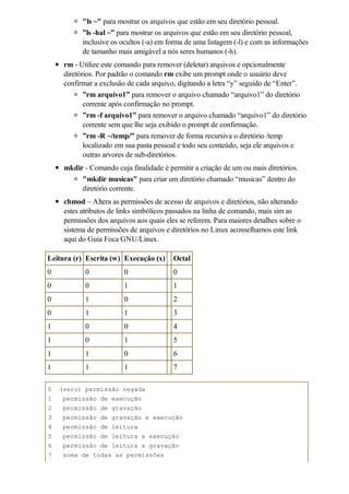"ls ~" para mostrar os arquivos que estão em seu diretório pessoal.
           ”ls -hal ~” para mostrar os arquivos que estão em seu diretório pessoal,
           inclusive os ocultos (-a) em forma de uma listagem (-l) e com as informações
           de tamanho mais amigável a nós seres humanos (-h).
     rm - Utilize este comando para remover (deletar) arquivos e opcionalmente
     diretórios. Por padrão o comando rm exibe um prompt onde o usuário deve
     confirmar a exclusão de cada arquivo, digitando a letra “y” seguido de “Enter”.
           ”rm arquivo1” para remover o arquivo chamado “arquivo1” do diretório
           corrente após confirmação no prompt.
           ”rm -f arquivo1” para remover o arquivo chamado “arquivo1” do diretório
           corrente sem que lhe seja exibido o prompt de confirmação.
           ”rm -R ~/temp/” para remover de forma recursiva o diretório /temp
           localizado em sua pasta pessoal e todo seu conteúdo, seja ele arquivos e
           outras arvores de sub-diretórios.
     mkdir - Comando cuja finalidade é permitir a criação de um ou mais diretórios.
           "mkdir musicas" para criar um diretório chamado “musicas” dentro do
           diretório corrente.
     chmod – Altera as permissões de acesso de arquivos e diretórios, não alterando
     estes atributos de links simbólicos passados na linha de comando, mais sim as
     permissões dos arquivos aos quais eles se referem. Para maiores detalhes sobre o
     sistema de permissões de arquivos e diretórios no Linux aconselhamos este link
     aqui do Guia Foca GNU/Linux.

Leitura (r) Escrita (w) Execução (x)      Octal
0           0            0                0
0           0            1                1
0           1            0                2
0           1            1                3
1           0            0                4
1           0            1                5
1           1            0                6
1           1            1                7

0   (zero) permissão negada
1    permissão de execução
2    permissão de gravação
3    permissão de gravação e execução
4    permissão de leitura
5    permissão de leitura e execução
6    permissão de leitura e gravação
7    soma de todas as permissões
 