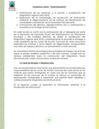 COMUNA UNO: “CENTENARIO”

      Presentación de los asistentes a la reunión y socialización del
      Diagnóstico Vigente (año 2010).
      Explicación de la metodología de recolección de información
      mediante el diligenciamiento de las matrices de identificación de
      necesidades y priorización de la necesidad más relevante.
      Conclusiones del ejercicio, agradecimientos por su participación y
      acuerdos en la entrega de las matrices.

En cada reunión se contó con la participación de un delegado por parte
de la Secretaría de Desarrollo Social, del Departamento de Planeación
Municipal y del Codelpa Directivo. Se realizó la socialización del
Diagnóstico Vigente (año 2010) y posteriormente se procedía a entregar a
cada presidente de las Juntas de Acción Comunal de cada zona para
explicarles las matrices y cómo debían ser diligenciadas, conservándose
una visión de trabajo colectivo y un pensamiento a nivel comunal.

Se concertaron fechas de entrega para el material de trabajo con el fin de
hacer el estudio analítico respectivo y de esta manera, cumplir con los
tiempos establecidos para la construcción del Diagnóstico Social
Situacional para cada comuna de la ciudad de Armenia.

     9.3 FASE DE ESTUDIO Y PRODUCCIÓN

Una vez recolectada la información que previamente fue condensada por
cada presidente de las Juntas de Acción Comunal de cada sector en las
matrices que fueron entregadas en cada una de las reuniones que se
realizaron en las comunas de la ciudad, se obtuvo un porcentaje de
participación considerable e importante que permite darle viabilidad y
validez al presente Diagnóstico Social Situacional.

En el siguiente cuadro se especifica la información referente a la
recolección de información:




                                   28
 