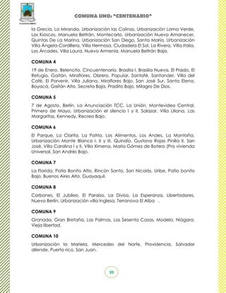 COMUNA UNO: “CENTENARIO”

la Grecia, La Miranda, Urbanización las Colinas, Urbanización Loma Verde,
Los Kioscos, Manuela Beltrán, Montecarlo, Urbanización Nuevo Amanecer,
Quintas De La Marina, Urbanización San Diego, Santa María, Urbanización
Villa Ángela-Cordillera, Villa Hermosa, Ciudadela El Sol, La Rivera, Villa Italia,
Los Árcades, Villa Laura, Nuevo Armenia, Manuela Beltrán Baja.

COMUNA 4
19 de Enero, Belencito, Cincuentenario, Brasilia I, Brasilia Nueva, El Prado, El
Refugio, Gaitán, Miraflores, Obrero, Popular, Santafé, Santander, Villa del
Café, El Porvenir, Villa Juliana, Miraflores Bajo, San José Sur, Santa Elena,
Boyacá, Gaitán Alto, Secreta Baja, Pradito Bajo, Milagro De Dios.

COMUNA 5
7 de Agosto, Berlín, La Anunciación TCC, La Unión, Montevideo Central,
Primero de Mayo, Urbanización el silencio I y II, Salazar, Villa Liliana, Las
Margaritas, Kennedy, Recreo Bajo.

COMUNA 6
El Parque, La Clarita, La Patria, Los Alimentos, Los Andes, La Montaña,
Urbanización Monte Blanco I, II y III, Quindío, Gustavo Rojas Pinilla II, San
José, Villa Carolina I y II, Villa Ximena, María Gómez de Botero (Pro vivienda
Universal, San Andrés Bajo.

COMUNA 7
La Florida, Patio Bonito Alto, Rincón Santo, San Nicolás, Uribe, Patio bonito
Bajo, Buenos Aires Alto, Guayaquil.

COMUNA 8
Corbones, El Jubileo, El Paraíso, La Divisa, La Esperanza, Libertadores,
Nuevo Berlín, Urbanización villa Inglesa, Terranova El Alba .

COMUNA 9
Granada, Gran Bretaña, Las Palmas, Las Sesenta Casas, Modelo, Niágara,
Vieja libertad.

COMUNA 10
Urbanización la Mariela, Mercedes del Norte, Providencia, Salvador
allende, Puerto rico, San Juan.




                                       39
 