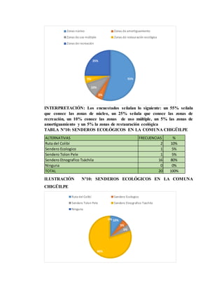 INTERPRETACIÓN: Los encuestados señalan lo siguiente: un 55% señala
que conoce las zonas de núcleo, un 25% señala que conoce las zonas de
recreación, un 10% conoce las zonas de uso múltiple, un 5% las zonas de
amortiguamiento y un 5% la zonas de restauración ecológica
TABLA Nº10: SENDEROS ECOLÓGICOS EN LA COMUNA CHIGÜILPE
ILUSTRACIÓN Nº10: SENDEROS ECOLÓGICOS EN LA COMUNA
CHIGÜILPE
55%
5%
10%
5%
25%
Zonas núcleo Zonas de amortiguamiento
Zonas de uso múltiple Zonas de restauración ecológica
Zonas de recreación
ALTERNATIVAS FRECUENCIAS %
Ruta del Colibí 2 10%
Sendero Ecologico 1 5%
Sendero Tolon Pele 1 5%
Sendero Etnografico Tsáchila 16 80%
Ninguna 0 0%
TOTAL 20 100%
10%
5%
5%
80%
0%
Ruta del Colibí Sendero Ecologico
Sendero Tolon Pele Sendero Etnografico Tsáchila
Ninguna
 