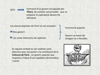 1871

Formació d’un govern encapçalat per
Thiers, de caràcter conservador , que va
preparar la capitulació davant els
alemanys

Les classes populars de París no van acceptar:

Insurrecció popular.

Nou govern
Les seves intencions de capitular

En aquest context es van realitzar unes
eleccions que van portar a la constitució de la
Comuna de París : un govern popular que
responia a l'ideal d'una república democràtica
i social .

Govern va haver de
refugiar-se a Versalles

 