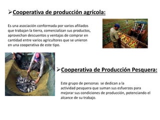 Cooperativa de producción agrícola:
Es una asociación conformada por varios afiliados
que trabajan la tierra, comercializan sus productos,
aprovechan descuentos y ventajas de comprar en
cantidad entre varios agricultores que se unieron
en una cooperativa de este tipo.
Cooperativa de Producción Pesquera:
Este grupo de personas se dedican a la
actividad pesquera que suman sus esfuerzos para
mejorar sus condiciones de producción, potenciando el
alcance de su trabajo.
 