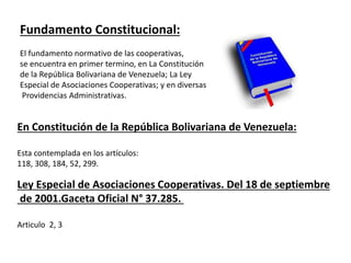 Fundamento Constitucional:
El fundamento normativo de las cooperativas,
se encuentra en primer termino, en La Constitución
de la República Bolivariana de Venezuela; La Ley
Especial de Asociaciones Cooperativas; y en diversas
Providencias Administrativas.
En Constitución de la República Bolivariana de Venezuela:
Esta contemplada en los artículos:
118, 308, 184, 52, 299.
Ley Especial de Asociaciones Cooperativas. Del 18 de septiembre
de 2001.Gaceta Oficial N° 37.285.
Articulo 2, 3
 