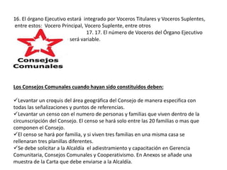 16. El órgano Ejecutivo estará integrado por Voceros Titulares y Voceros Suplentes,
entre estos: Vocero Principal, Vocero Suplente, entre otros
17. 17. El número de Voceros del Órgano Ejecutivo
de la Asamblea siempre será variable.
Los Consejos Comunales cuando hayan sido constituidos deben:
Levantar un croquis del área geográfica del Consejo de manera especifica con
todas las señalizaciones y puntos de referencias.
Levantar un censo con el numero de personas y familias que viven dentro de la
circunscripción del Consejo. El censo se hará solo entre las 20 familias o mas que
componen el Consejo.
El censo se hará por familia, y si viven tres familias en una misma casa se
rellenaran tres planillas diferentes.
Se debe solicitar a la Alcaldía el adiestramiento y capacitación en Gerencia
Comunitaria, Consejos Comunales y Cooperativismo. En Anexos se añade una
muestra de la Carta que debe enviarse a la Alcaldía.
 