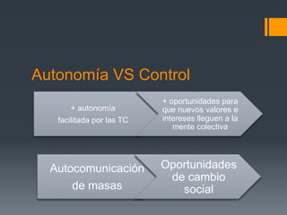 Autonomía VS Control
                           + oportunidades para
       + autonomía         que nuevos valores e
   facilitada por las TC   intereses lleguen a la
                              mente colectiva




  Autocomunicación         Oportunidades
                            de cambio
      de masas                social
 