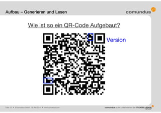 Folie: 13 • © comundus GmbH 16. Mai 2014 • www.comundus.com
Wie ist so ein QR-Code Aufgebaut?
Aufbau – Generieren und Lesen
Version
 