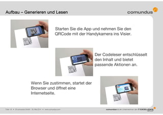 Folie: 18 • © comundus GmbH 16. Mai 2014 • www.comundus.com
Aufbau – Generieren und Lesen
Starten Sie die App und nehmen Sie den
QRCode mit der Handykamera ins Visier.
Der Codeleser entschlüsselt
den Inhalt und bietet
passende Aktionen an.
Wenn Sie zustimmen, startet der
Browser und öffnet eine
Internetseite.
 