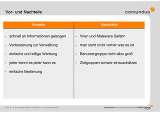 Folie: 20 • © comundus GmbH 16. Mai 2014 • www.comundus.com
Vorteile Nachteile
- schnell an Informationen gelangen
- Verbesserung zur Verwaltung
- einfache und billige Werbung
- jeder kennt es jeder kann es
- einfache Bedienung
- Viren und Maleware Gefahr
- man sieht nicht vorher was es ist
- Benutzergruppe nicht allzu groß
- Zielgruppen schwer einzuschätzen
Vor- und Nachteile
 