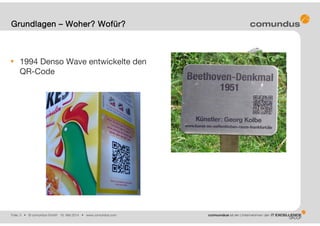 Folie: 3 • © comundus GmbH 16. Mai 2014 • www.comundus.com
1994 Denso Wave entwickelte den
QR-Code
Grundlagen – Woher? Wofür?
 