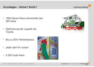 Folie: 4 • © comundus GmbH 16. Mai 2014 • www.comundus.com
1994 Denso Wave entwickelte den
QR-Code
Optimierung der Logistik bei
Toyota.
Bis zu 30% Fehlertoleranz
Jeder darf ihn nutzen
5 QR-Code Arten
Grundlagen – Woher? Wofür?
 