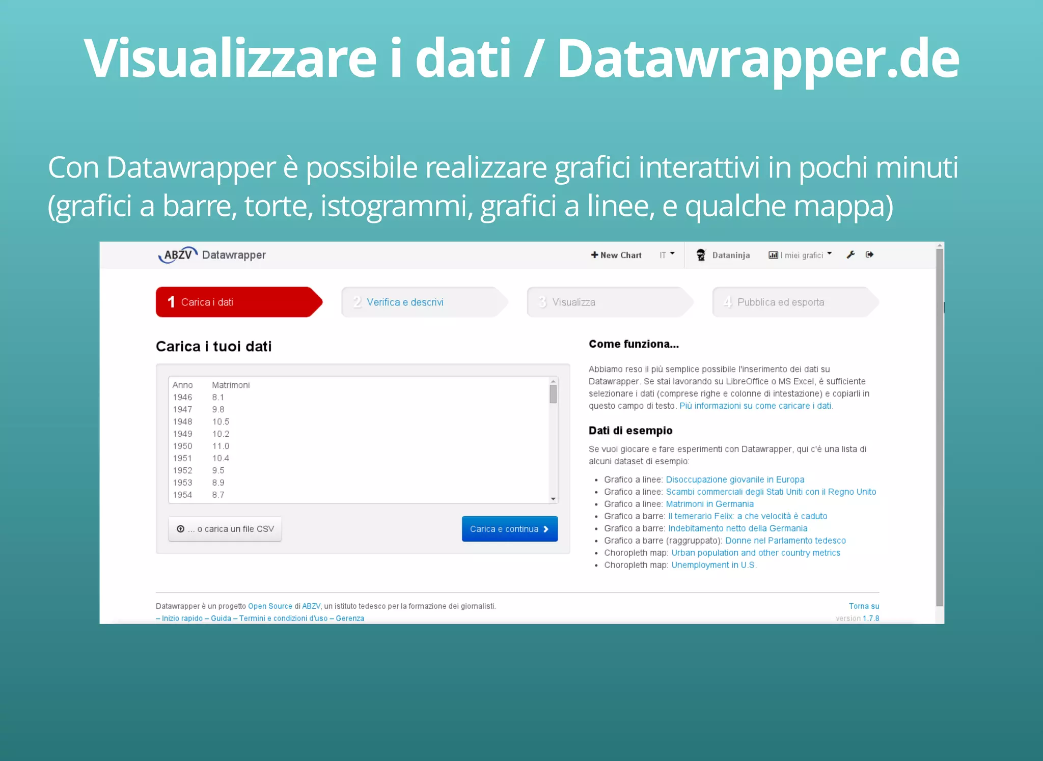 Con Datawrapper è possibile realizzare grafici interattivi in pochi minuti 
(grafici a barre, torte, istogrammi, grafici a linee, e qualche mappa) 
 