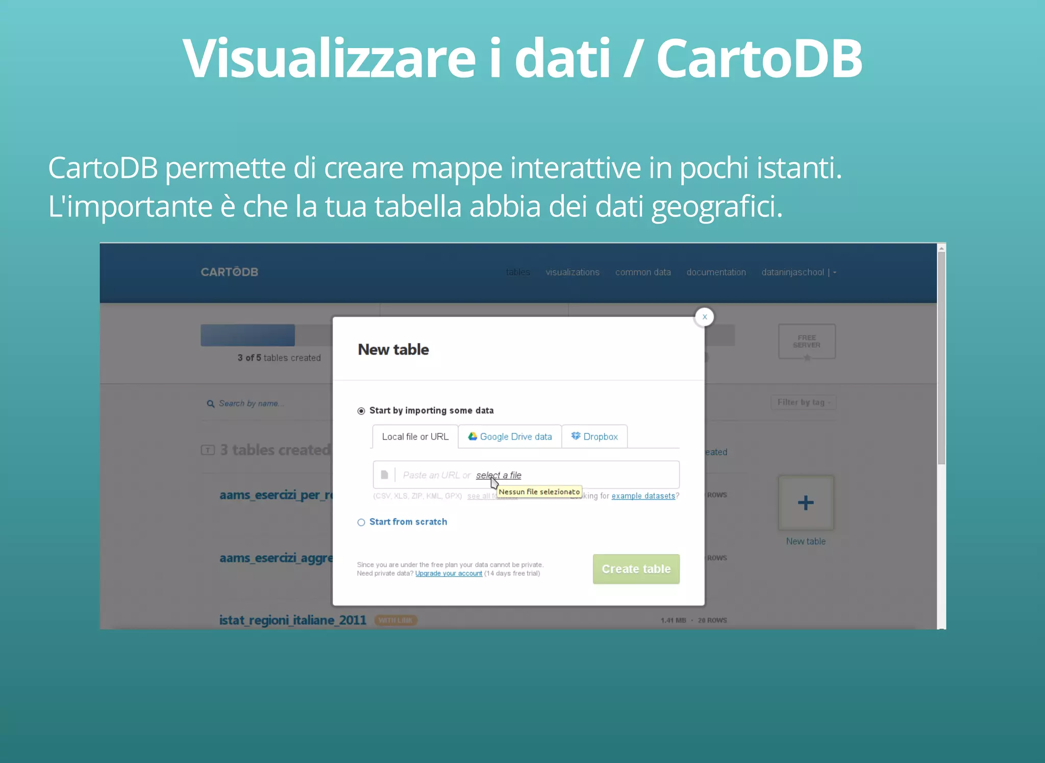 CartoDB permette di creare mappe interattive in pochi istanti. 
L'importante è che la tua tabella abbia dei dati geografici. 
 