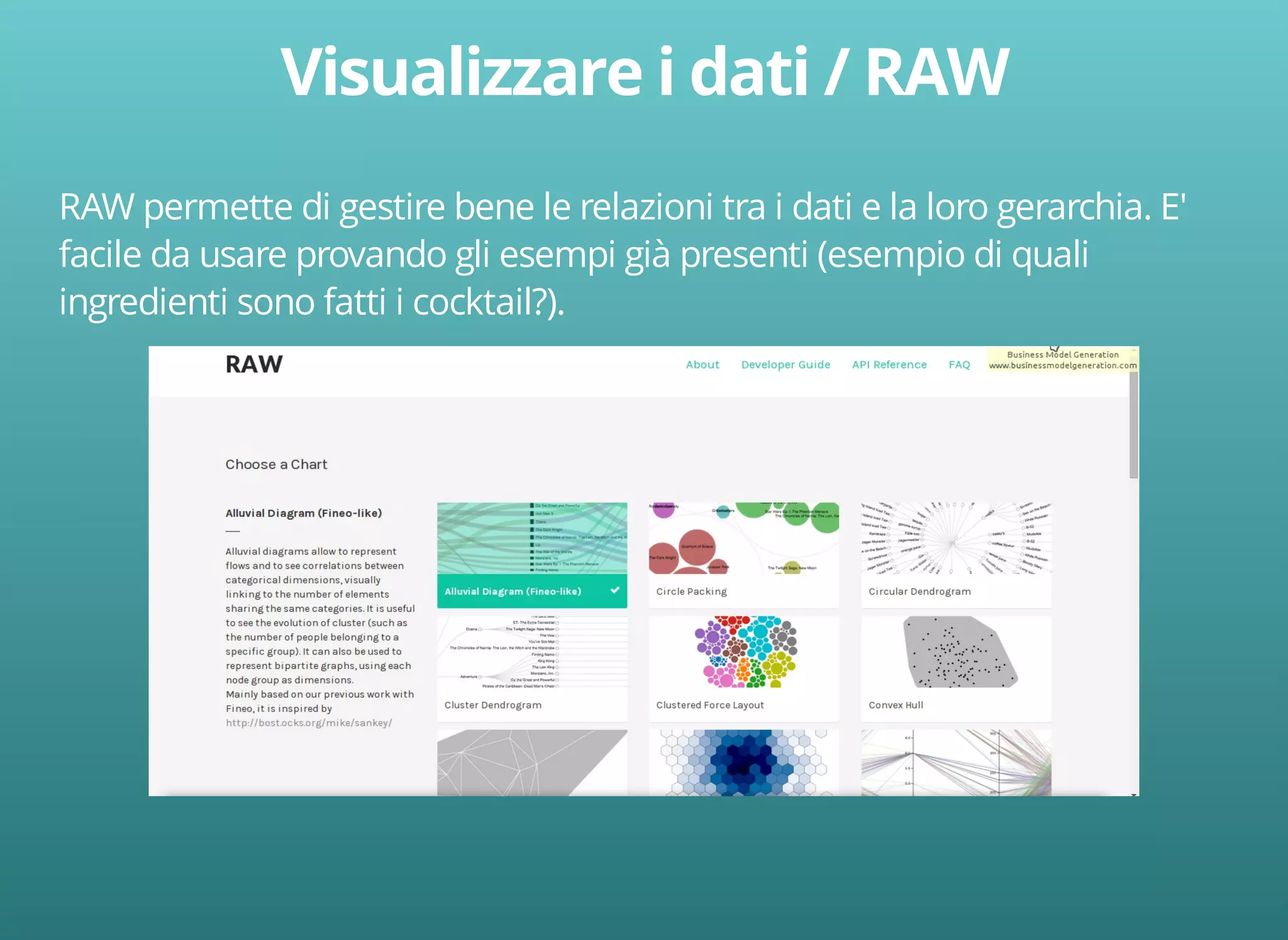 RAW permette di gestire bene le relazioni tra i dati e la loro gerarchia. E' 
facile da usare provando gli esempi già presenti (esempio di quali 
ingredienti sono fatti i cocktail?). 
 