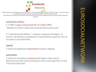 Costituzione Italiana L. 3/2001  ( Legge costituzionale del 18/ ottobre 2001 ) “ Modifiche al titolo V della parte seconda della Costituzione”   Il “ Federalismo del Welfare” – Vengono assegnate alle Regioni, ai Comuni, alle Province, competenze e responsabilità di governo sino ad ora poste a capo dello Stato.   SANITA’ È materia di legislazione  concorrente  fra Stato e Regione. ASSISTENZA È materia di competenza  esclusiva  delle Regioni, fatta salva la determinazione dei livelli di prestazioni civili e sociali garantite su tutto il territorio dello Stato EUROSOCIALNETWORK TITOLO 