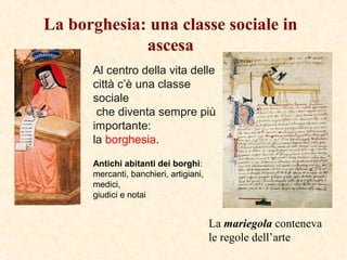 La borghesia: una classe sociale in
ascesa
Al centro della vita delle
città c’è una classe
sociale
che diventa sempre più
importante:
la borghesia.
Antichi abitanti dei borghi:
mercanti, banchieri, artigiani,
medici,
giudici e notai
La mariegola conteneva
le regole dell’arte
 