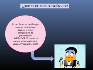 Es una forma de timidez que
surge en presencia de
grupos, y como
consecuencia de
pensamientos
LIMITADORES, acerca de
nuestra actuación frente a
grupos. (Yagosesky, 2001)
¿QUE ES EL MEDIO ESCÉNICO ?
 
