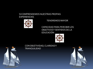 SI COMPRENDEMOS NUESTRAS PROPIAS
EXPERIENCIAS
TENDREMOS MAYOR
CAPACIDAD PARA PERCIBIR LOS
OBJETIVOS Y SENTIDOS DE LA
EDUCACIÓN
CON OBJETIVIDAD, CLARIDAD Y
TRANQUILIDAD