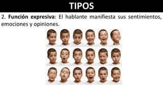 TIPOS
2. Función expresiva: El hablante manifiesta sus sentimientos,
emociones y opiniones.
 