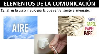 ELEMENTOS DE LA COMUNICACIÓN
Canal: es la vía o medio por la que se transmite el mensaje.
 