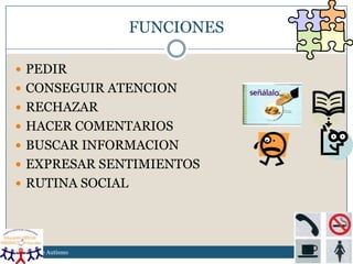 FUNCIONES

 PEDIR
 CONSEGUIR ATENCION
 RECHAZAR
 HACER COMENTARIOS
 BUSCAR INFORMACION
 EXPRESAR SENTIMIENTOS
 RUTINA SOCIAL




Asesoria de Autismo
 
