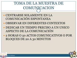 TOMA DE LA MUESTRA DE
                    COMUNICACION
 CENTRARSE SOLAMENTE EN LA
  COMUNICACIÓN ESPONTANEA
 OBSERVAR EN DIFERENTES CONTEXTOS
 DEDICAR UN TIEMPO PRECISO A UN UNICO
  ASPECTO DE LA COMUNICACIÓN
 2 HORAS O 50 ACTOS COMUNICATIVOS O POR
  BLOQUES DE 20 A 30 MINUTOS




Asesoria de Autismo
 