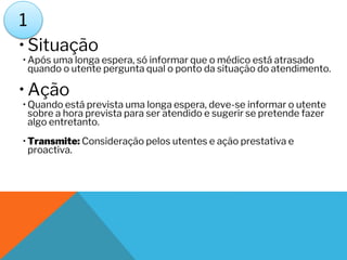 • Situação
• Após uma longa espera, só informar que o médico está atrasado
quando o utente pergunta qual o ponto da situação do atendimento.
• Ação
• Quando está prevista uma longa espera, deve-se informar o utente
sobre a hora prevista para ser atendido e sugerir se pretende fazer
algo entretanto.
• Transmite: Consideração pelos utentes e ação prestativa e
proactiva.
1
 
