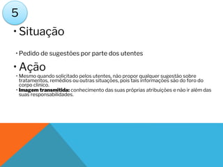 • Situação
• Pedido de sugestões por parte dos utentes
• Ação
• Mesmo quando solicitado pelos utentes, não propor qualquer sugestão sobre
tratamentos, remédios ou outras situações, pois tais informações são do foro do
corpo clinico.
• Imagem transmitida: conhecimento das suas próprias atribuições e não ir além das
suas responsabilidades.
5
 