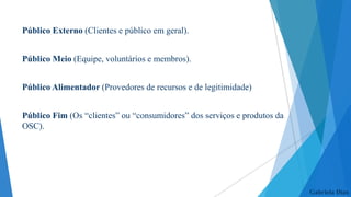 Público Externo (Clientes e público em geral).
Público Meio (Equipe, voluntários e membros).
Público Alimentador (Provedores de recursos e de legitimidade)
Público Fim (Os “clientes” ou “consumidores” dos serviços e produtos da
OSC).

Gabriela Dias

 