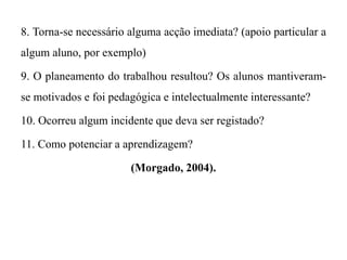 8. Torna-se necessário alguma acção imediata? (apoio particular a
algum aluno, por exemplo)
9. O planeamento do trabalhou resultou? Os alunos mantiveram-
se motivados e foi pedagógica e intelectualmente interessante?
10. Ocorreu algum incidente que deva ser registado?
11. Como potenciar a aprendizagem?
(Morgado, 2004).
 