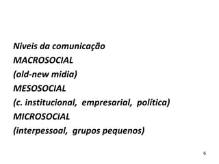 Niveis da comunicação
MACROSOCIAL
(old-new midia)
MESOSOCIAL
(c. institucional, empresarial, política)
MICROSOCIAL
(interp...