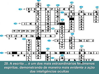 Momento Descontração!!! G Ê N I O 1. Designação Variante dos Espíritos 2. A força que une os elementos da matéria nos corpos orgânicos e inorgânicos é submetida à mesma lei de ... A  T  R  A  Ç  Ã  O 3. Fluido condensado, responsável pela desmaterialização do médium E  C  T  O  P  L  A  S  M  A 4. Importante obra de Allan Kardec que estuda o desenvolvimento da mediunidade, além de todos os gêneros de manifestações com o mundo espírita O  L  I  V  R  O  D  O  S  M  É  D  I  U  N  S 5. Os fenômenos espíritas decorrem da própria lei da ... N T U R E Z A 6. Médiuns suscetíveis de sentir a presença dos espíritos  S E N S I T I V O S 7. Termo que se refere a um tipo de mediunidade, onde ocorre o fenômeno da corporificação dos espíritos através do ectoplasma do médium  M A E R I A L I Z A Ã O L U M I N S A 8. Cidade onde moravam as irmãs Fox H I D E S I L L E 9. O fenômeno ... é produzido pelo encarnado com suas próprias faculdades espirituais, sem o uso dos sentidos físicos, graças a expansão do seu perispírito N Í M I C O 10. Mensageiro de Deus, incubido de zelar pela execução de seus desígnios em todo o universo A  J  O 11. Fenômeno mediúnico; visão das coisas e seres do plano espiritual V  D  N  C  I  A 12. Apelido de um famoso médium brasileiro de ectoplasmia E I X O T I N H 13. O fenômeno das mesas ... foi um dos primeiros efeitos observados nas manifestações espíritas G  I  R  A  N  T  E  S 14. Em 1949 foi realizado o maior acordo de unificação do movimento espírita. Este acordo é chamado de ... P C O Á U R E 15. Ato da Potência Divina contrário às leis da natureza M L A G R E 16. Linguagem dos sinais por meio de pancadas, modo de comunicação dos espíritos T  I  P  T  O  L  G  I  A 17. Nome vulgar das almas ainda não depuradas E M Ô N I O S 18. O desconhecido, o que não tem começo nem fim I  N  F  N  T 19. A ... simboliza a desagregação do envoltório grosseiro que a alma abandona M R T E 20. A escrita ... é um dos mais extraordinários fenômenos espíritas, demonstrando de maneira mais evidente a ação das inteligências ocultas D R E A 