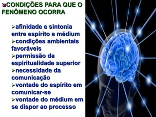 CONDIÇÕES PARA QUE O 
FENÔMENO OCORRA 
afinidade e sintonia 
entre espírito e médium 
condições ambientais 
favoráveis 
permissão da 
espiritualidade superior 
necessidade da 
comunicação 
vontade do espírito em 
comunicar-se 
vontade do médium em 
se dispor ao processo 
 