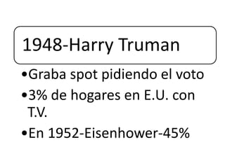 1948-Harry Truman
•Graba spot pidiendo el voto
•3% de hogares en E.U. con
T.V.
•En 1952-Eisenhower-45%
 