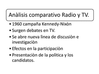 Anàlisis comparativo Radio y TV.
•1960 campaña Kennedy-Nixòn
•Surgen debates en TV.
•Se abre nueva lìnea de discusiòn e
investigaciòn
•Efectos en la participaciòn
•Presentaciòn de la polìtica y los
candidatos.
 