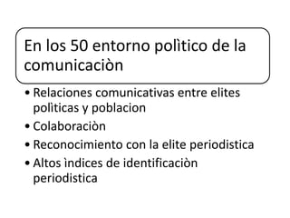 En los 50 entorno polìtico de la
comunicaciòn
• Relaciones comunicativas entre elites
polìticas y poblacion
• Colaboraciòn
• Reconocimiento con la elite periodistica
• Altos ìndices de identificaciòn
periodistica
 