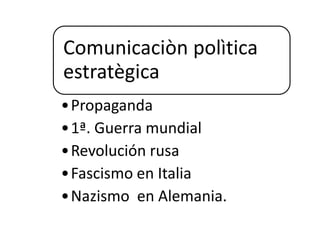 Comunicaciòn polìtica
estratègica
•Propaganda
•1ª. Guerra mundial
•Revolución rusa
•Fascismo en Italia
•Nazismo en Alemania.
 