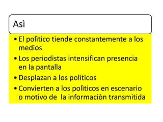 Asì
•El polìtico tiende constantemente a los
medios
•Los periodistas intensifican presencia
en la pantalla
•Desplazan a los polìticos
•Convierten a los polìticos en escenario
o motivo de la informaciòn transmitida
 