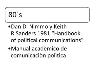 80`s
•Dan D. Nimmo y Keith
R.Sanders 1981 “Handbook
of political communications”
•Manual acadèmico de
comunicaciòn polìtica
 