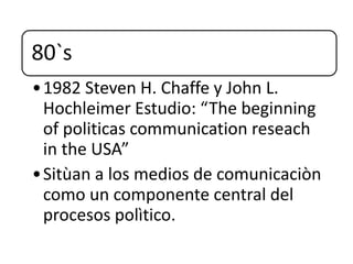 80`s
•1982 Steven H. Chaffe y John L.
Hochleimer Estudio: “The beginning
of politicas communication reseach
in the USA”
•Sitùan a los medios de comunicaciòn
como un componente central del
procesos polìtico.
 