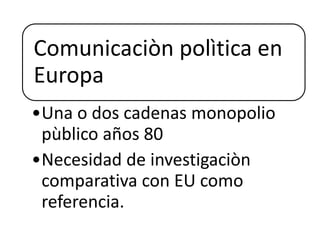 Comunicaciòn polìtica en
Europa
•Una o dos cadenas monopolio
pùblico años 80
•Necesidad de investigaciòn
comparativa con EU como
referencia.
 