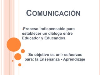 COMUNICACIÓN
•Proceso indispensable para
establecer un diálogo entre
Educador y Educandos.



  •Su objetivo es unir esfuerzos
 para: la Enseñanza - Aprendizaje
 