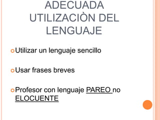 ADECUADA
UTILIZACIÒN DEL
LENGUAJE
Utilizar un lenguaje sencillo
Usar frases breves
Profesor
con lenguaje PAREO no
ELOCUENTE