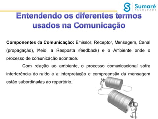 Componentes da Comunicação: Emissor, Receptor, Mensagem, Canal
(propagação), Meio, a Resposta (feedback) e o Ambiente onde o
processo de comunicação acontece.
Com relação ao ambiente, o processo comunicacional sofre
interferência do ruído e a interpretação e compreensão da mensagem
estão subordinadas ao repertório.

 