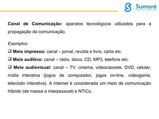 Canal de Comunicação: aparatos tecnológicos utilizados para a
propagação da comunicação.
Exemplos:
 Meio impresso: canal – jornal, revista e livro, carta etc.
 Meio auditivo: canal – rádio, disco, CD, MP3, telefone etc.
 Meio audiovisual: canal – TV, cinema, videocassete, DVD, celular,
mídia interativa (jogos de computador, jogos on-line, videogame,
televisão interativa). A internet é considerada um meio de comunicação
híbrido (de massa e interpessoal) e NTICs.

 