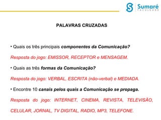 PALAVRAS CRUZADAS

• Quais os três principais componentes da Comunicação?
Resposta do jogo: EMISSOR, RECEPTOR e MENSAGEM.
• Quais as três formas da Comunicação?
Resposta do jogo: VERBAL, ESCRITA (não-verbal) e MEDIADA.
• Encontre 10 canais pelos quais a Comunicação se propaga.
Resposta do jogo: INTERNET, CINEMA, REVISTA, TELEVISÃO,
CELULAR, JORNAL, TV DIGITAL, RADIO, MP3, TELEFONE.

 